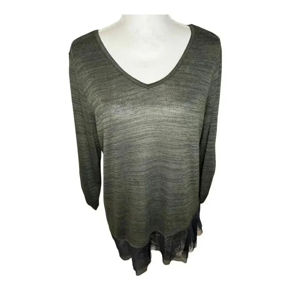 Apt. 9 Women’s Large Green Ruched Sleeve‎ V-Neck Tunic With Black Mesh Hem